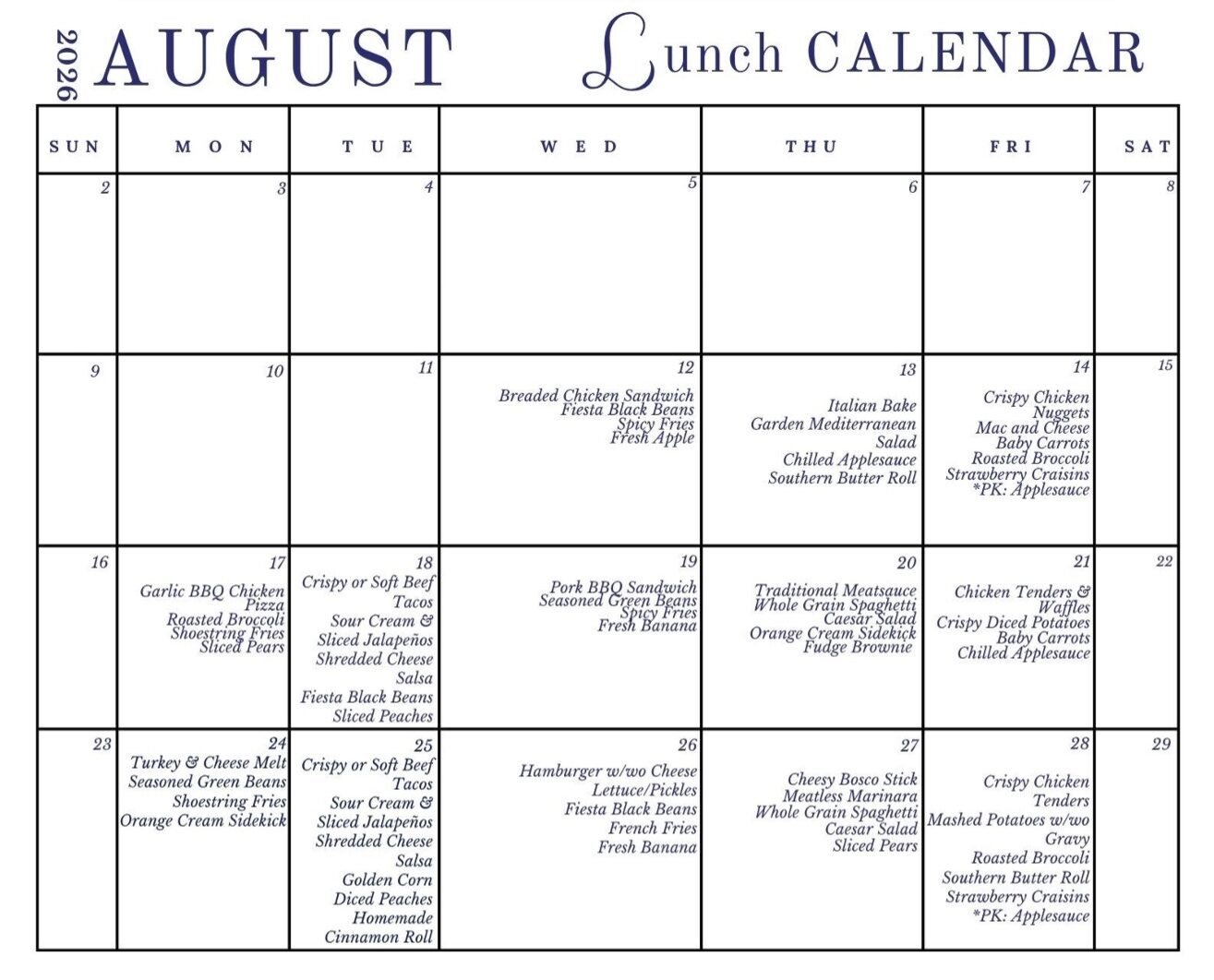 August Lunch Menu